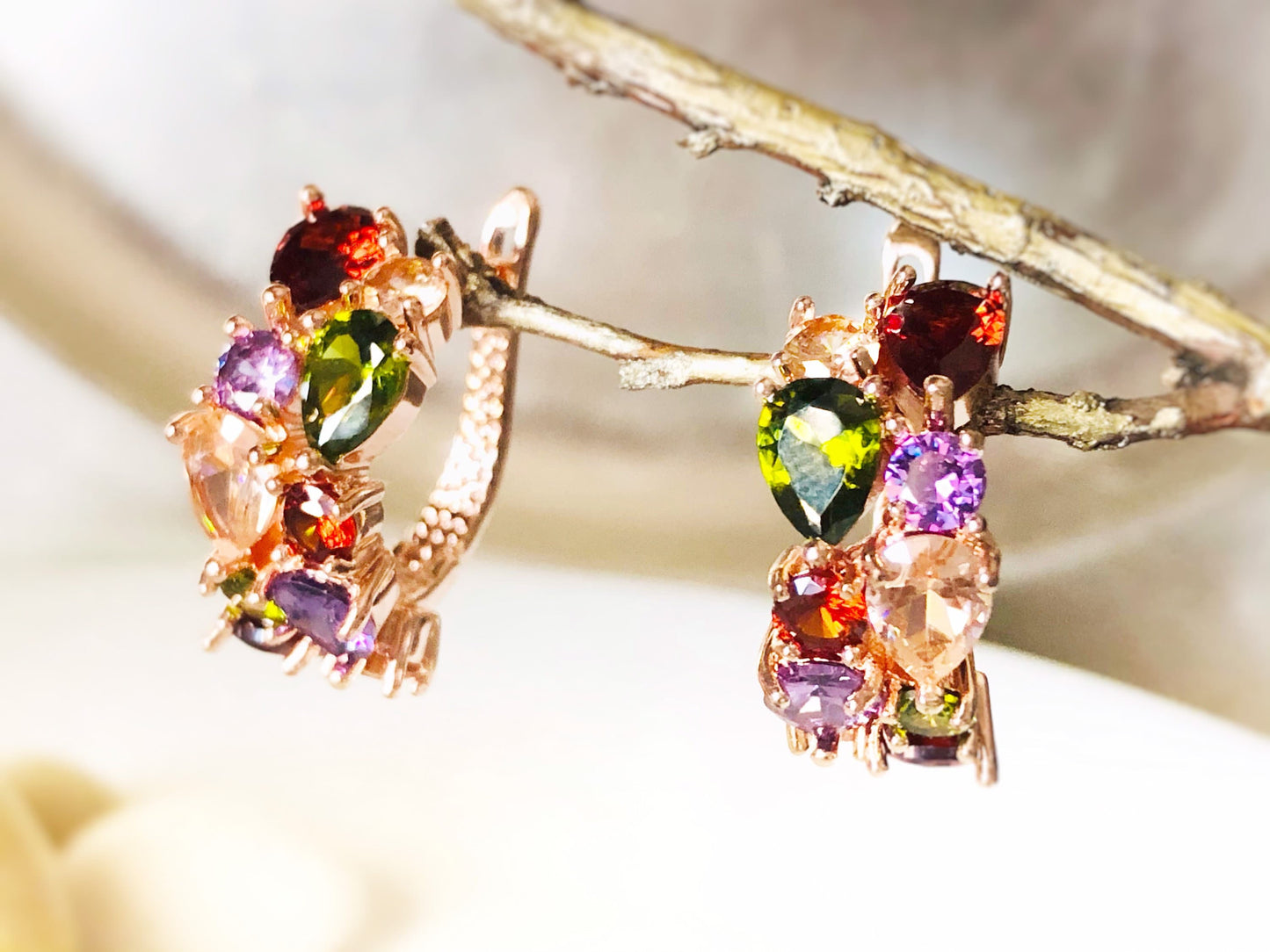 Multicolored gemstone hoop earrings in 18K white gold, rainbow gemstone statement hoop, gift for mom, gift for her