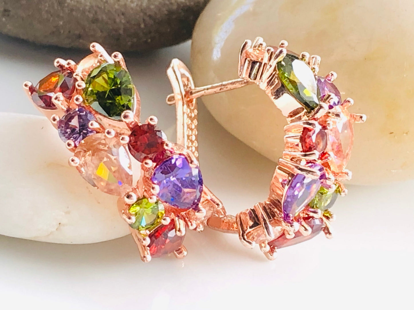 Multicolored gemstone hoop earrings in 18K white gold, rainbow gemstone statement hoop, gift for mom, gift for her
