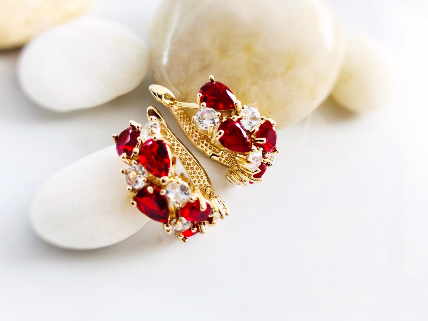 Ruby cluster large hoop earrings, red white gemstone statement hoop earrings, gift for mom, gift for her, July birthstone