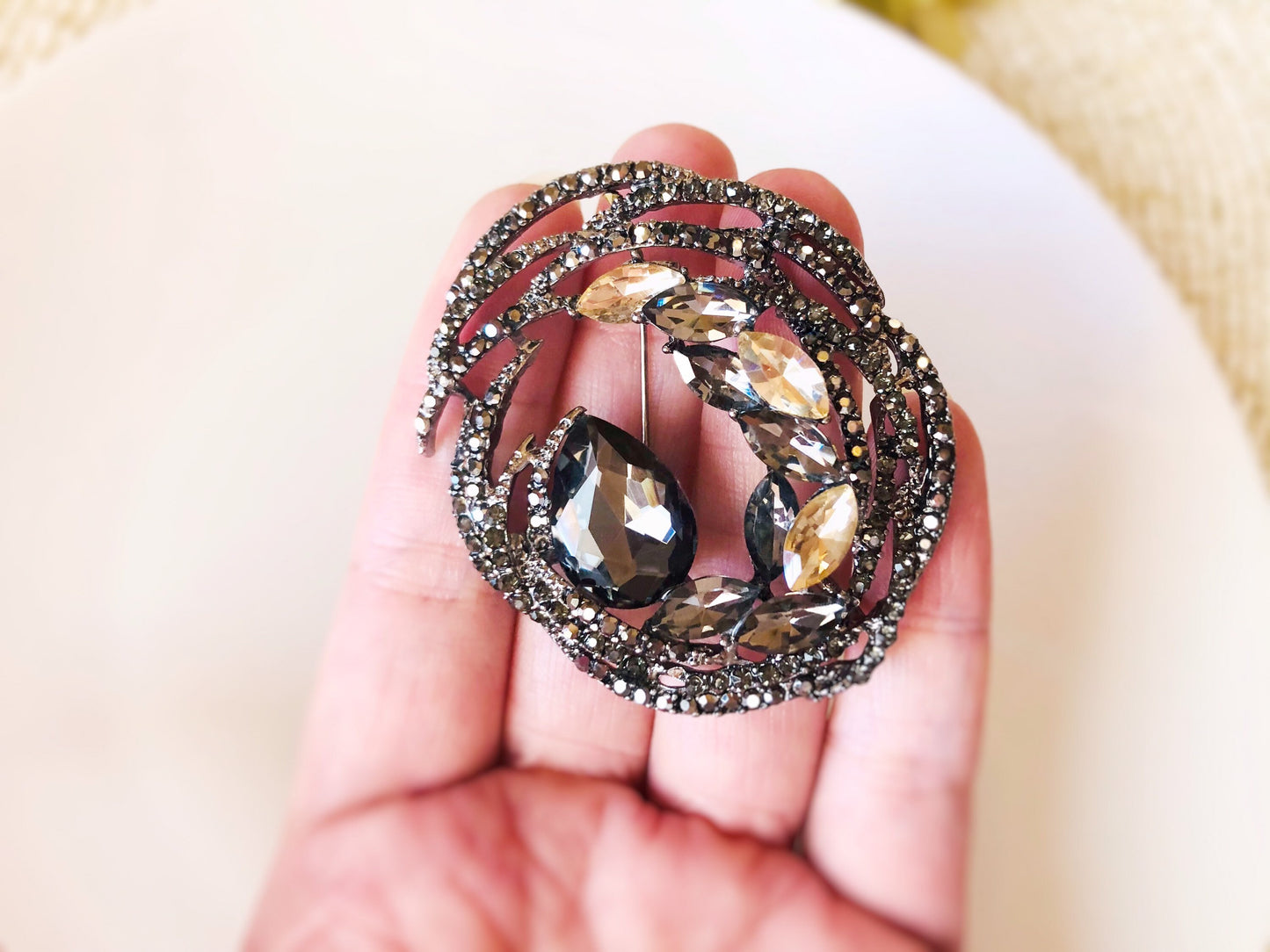 Large clustered crystal brooch pendant, black silver statement brooch pin, gift for her