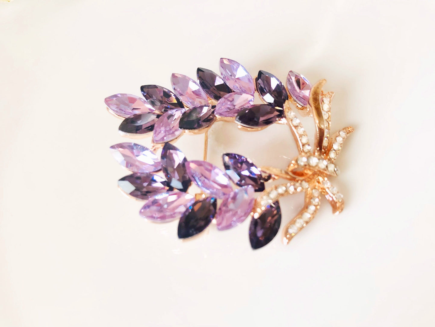 Amethyst crystal laural wreath brooch in 14K rose gold, gift for her, gift for mom