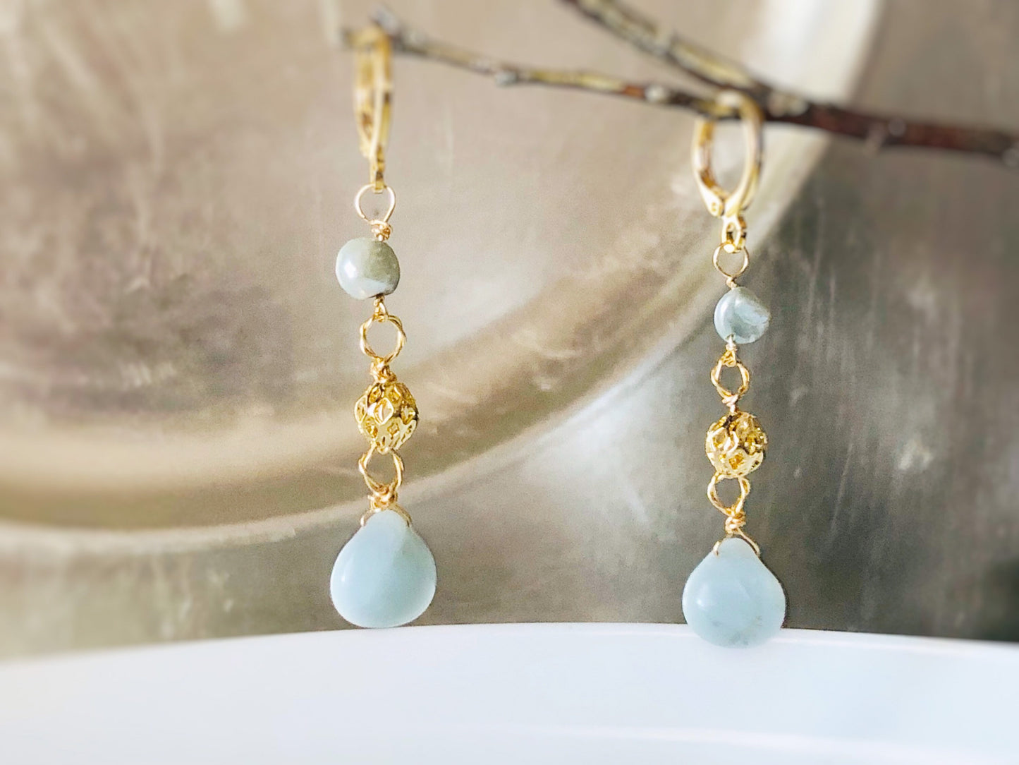 Aquamarine pearl dangle earrings in 18k gold filled, earrings, gift for her, gift for mom
