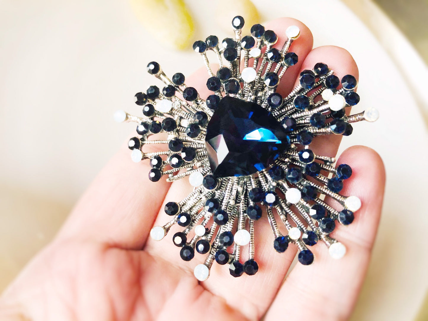 Large sapphire crystal starburst silver brooch pin, dark blue silver crystal pendant pin, gift for mom, gift for her