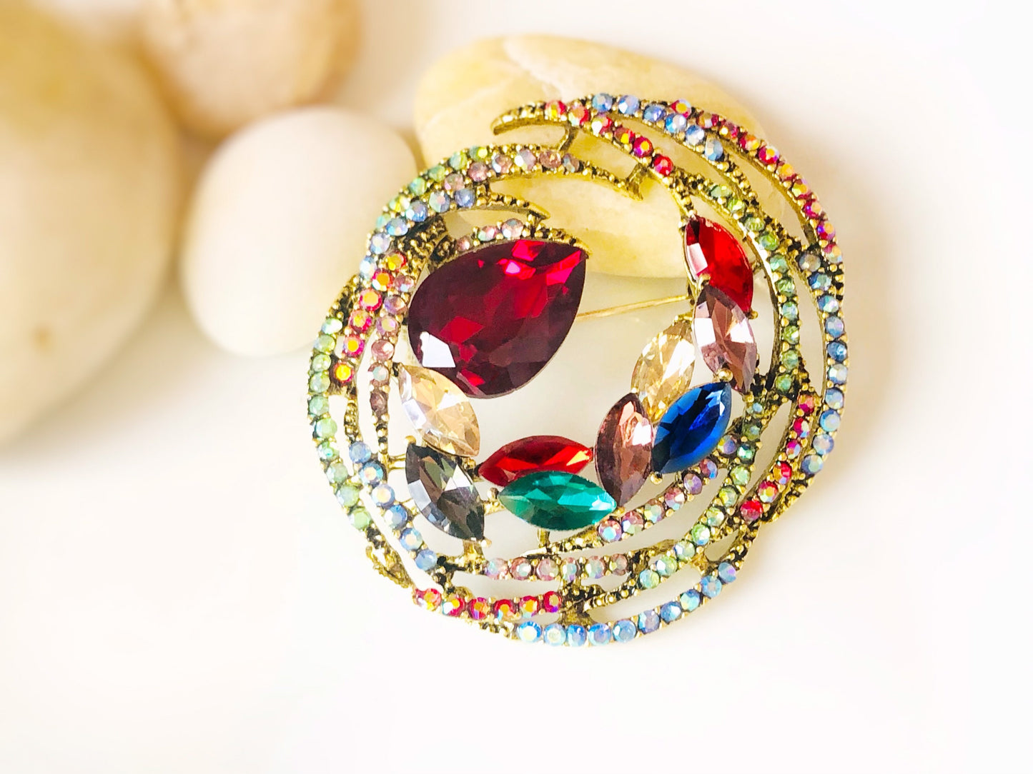 Antique gold large multi colored crystal brooch pin, rainbow crystal cluster pin, statement brooch pin, gift for her, gift for mom