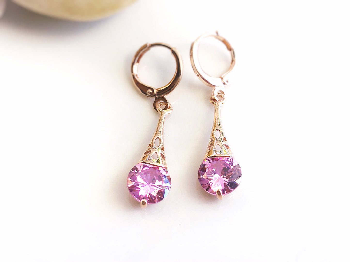 Pink sapphire filigree dangle earrings, small pink gemstone drop earrings, gift for her, gift for daughter, October birthstone