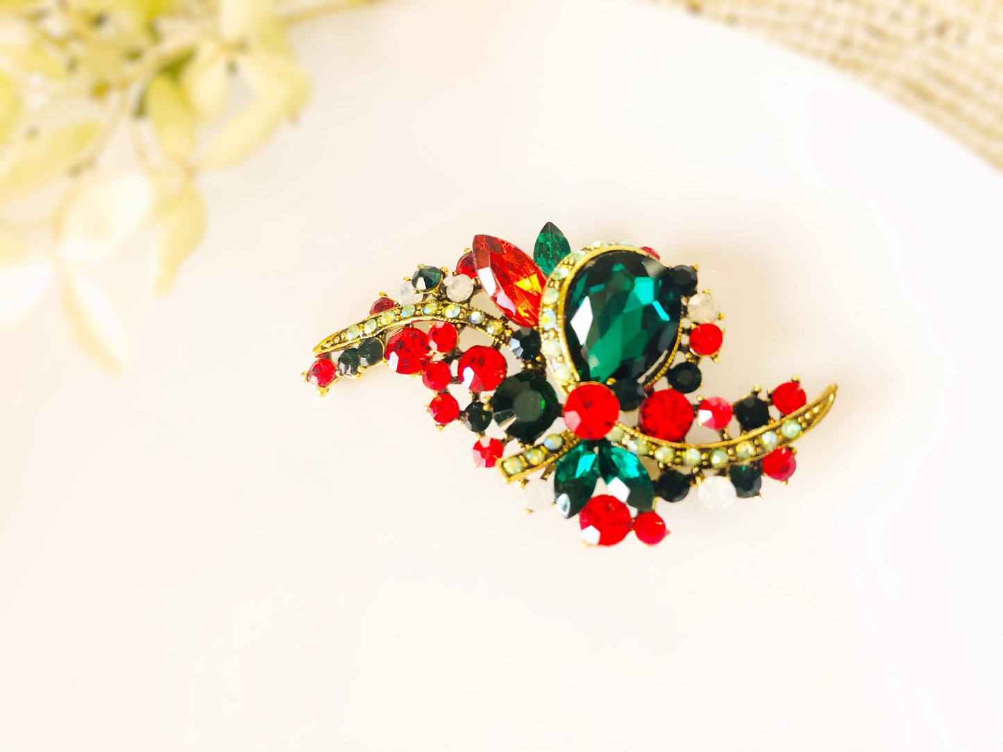 Red multicolored crystal brooch antique gold, cluster red crystal large bouquet  brooch pin, gift for mom, gift for her, Christmas brooch