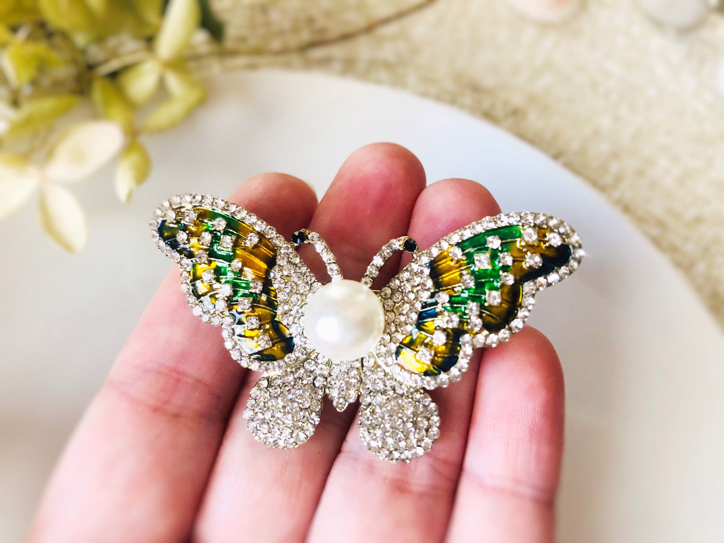 Pave crystal pearl butterfly brooch pin in gold, crystal pearl butterfly gold brooch, gift for her, gift for mom