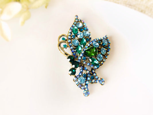 Blue green butterfly crystal brooch pendant in antique gold, green blue crystal brooch pendant crystal, gift for her, gift for mom