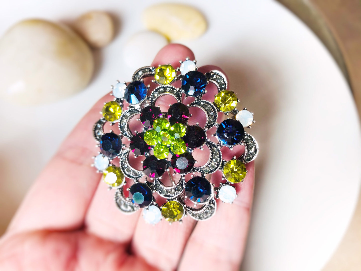 Antique silver crystal brooch pin, multicolor green blue crystal bouquet brooch, gift for her, gift for mom