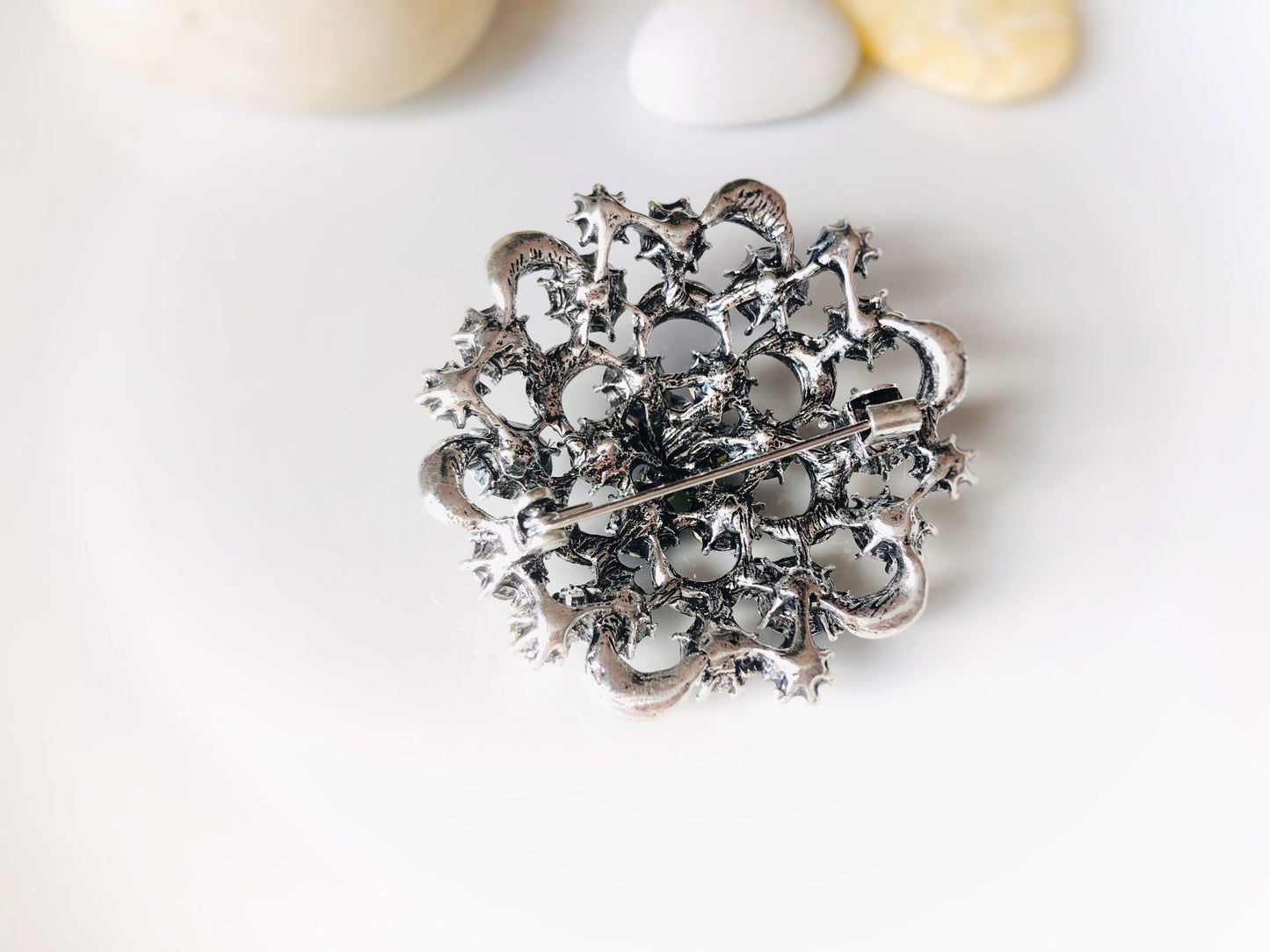 Antique silver crystal brooch pin, multicolor green blue crystal bouquet brooch, gift for her, gift for mom