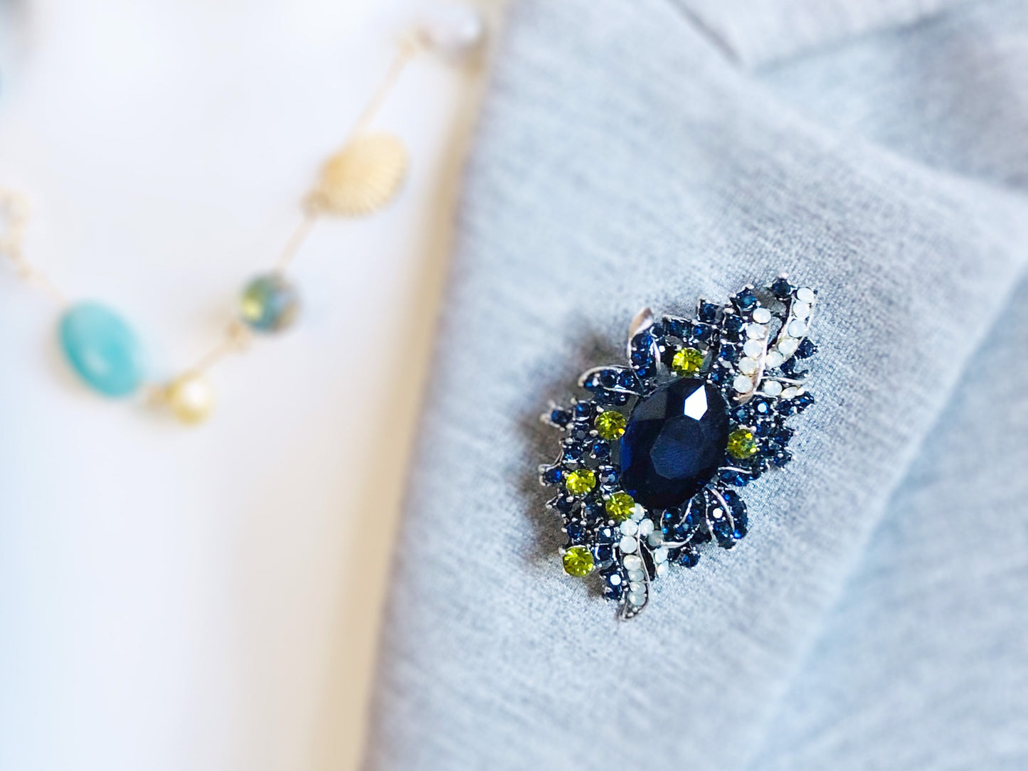 Sapphire crystal brooch pin antique silver, blue green multicolored crystal bouquet brooch, gift for her, gift for mom