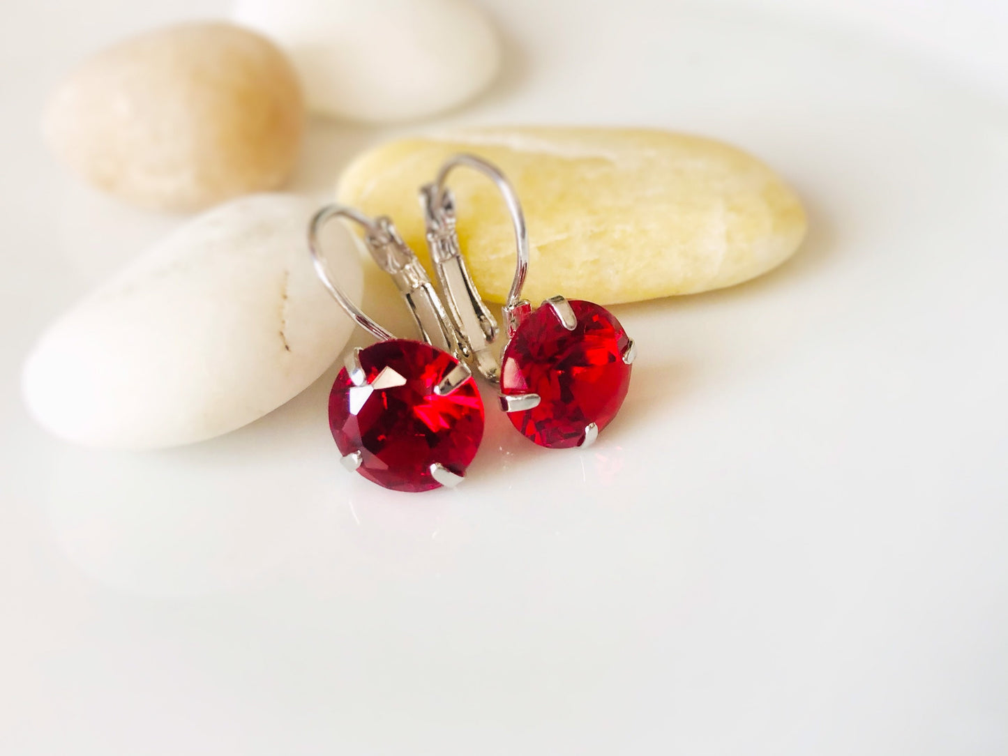 Ruby solitaire lever back earrings, red gemstone stud, July birthstone, gift for mom, simple stud leverback