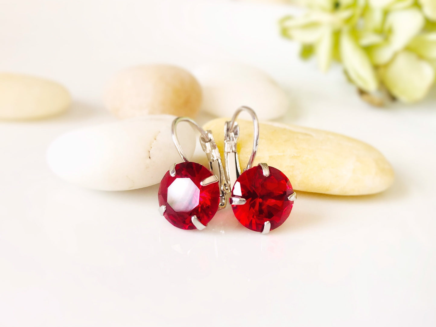 Ruby solitaire lever back earrings, red gemstone stud, July birthstone, gift for mom, simple stud leverback