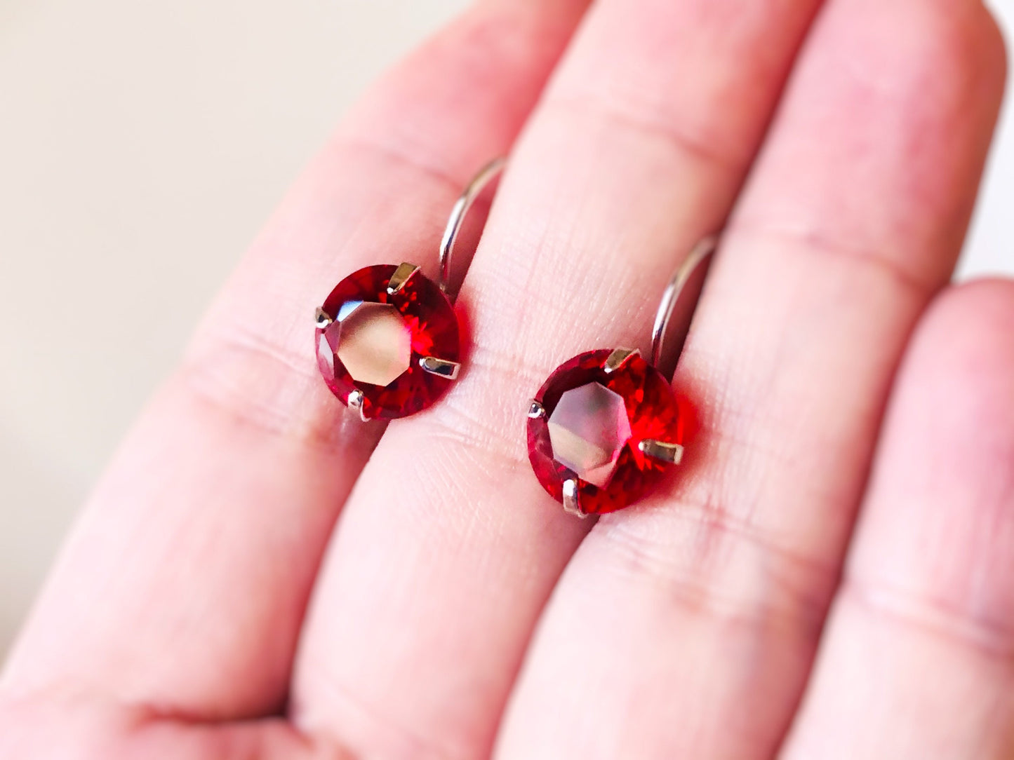 Ruby solitaire lever back earrings, red gemstone stud, July birthstone, gift for mom, simple stud leverback