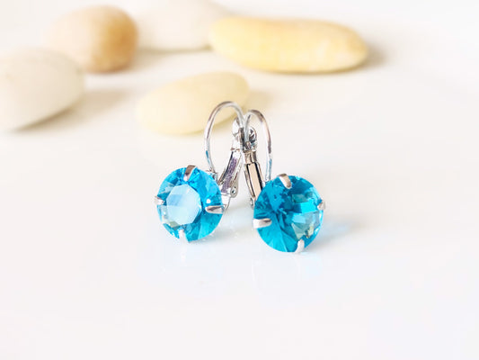 Blue topaz solitaire lever back earring in 18K white gold, gift for mom, November birthstone earrings