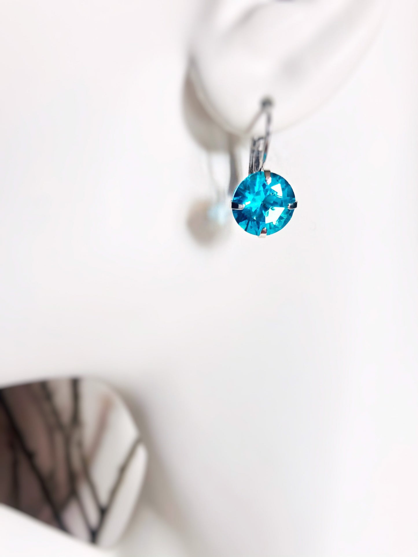 Blue topaz solitaire lever back earring in 18K white gold, gift for mom, November birthstone earrings