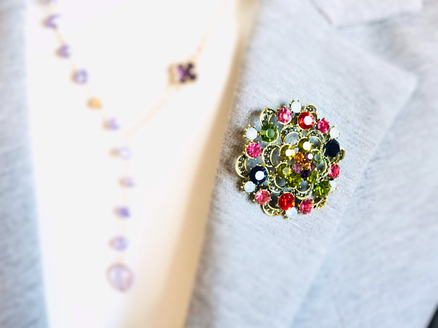 Multicolored red green crystal bouquet brooch, antique gold rainbow crystal bouquet brooch, gift for her, gift for mom