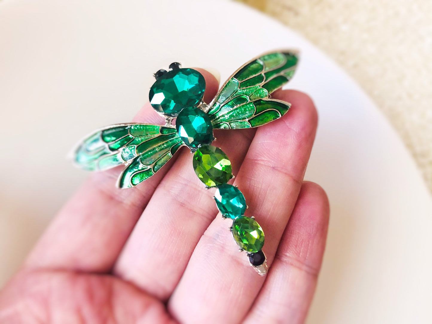 Green dragonfly crystal brooch pin, crystal enameled dragonfly brooch, animal statement brooch, gift for her, gift for mother