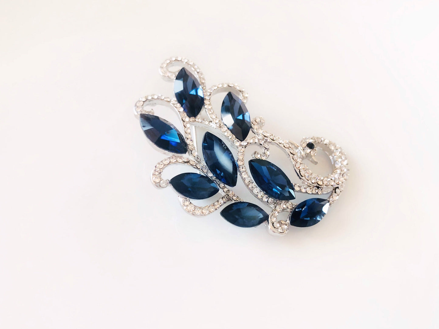 Sapphire crystal peacock brooch in 18k white gold, blue crystal brooch, gift for her, gift for mom