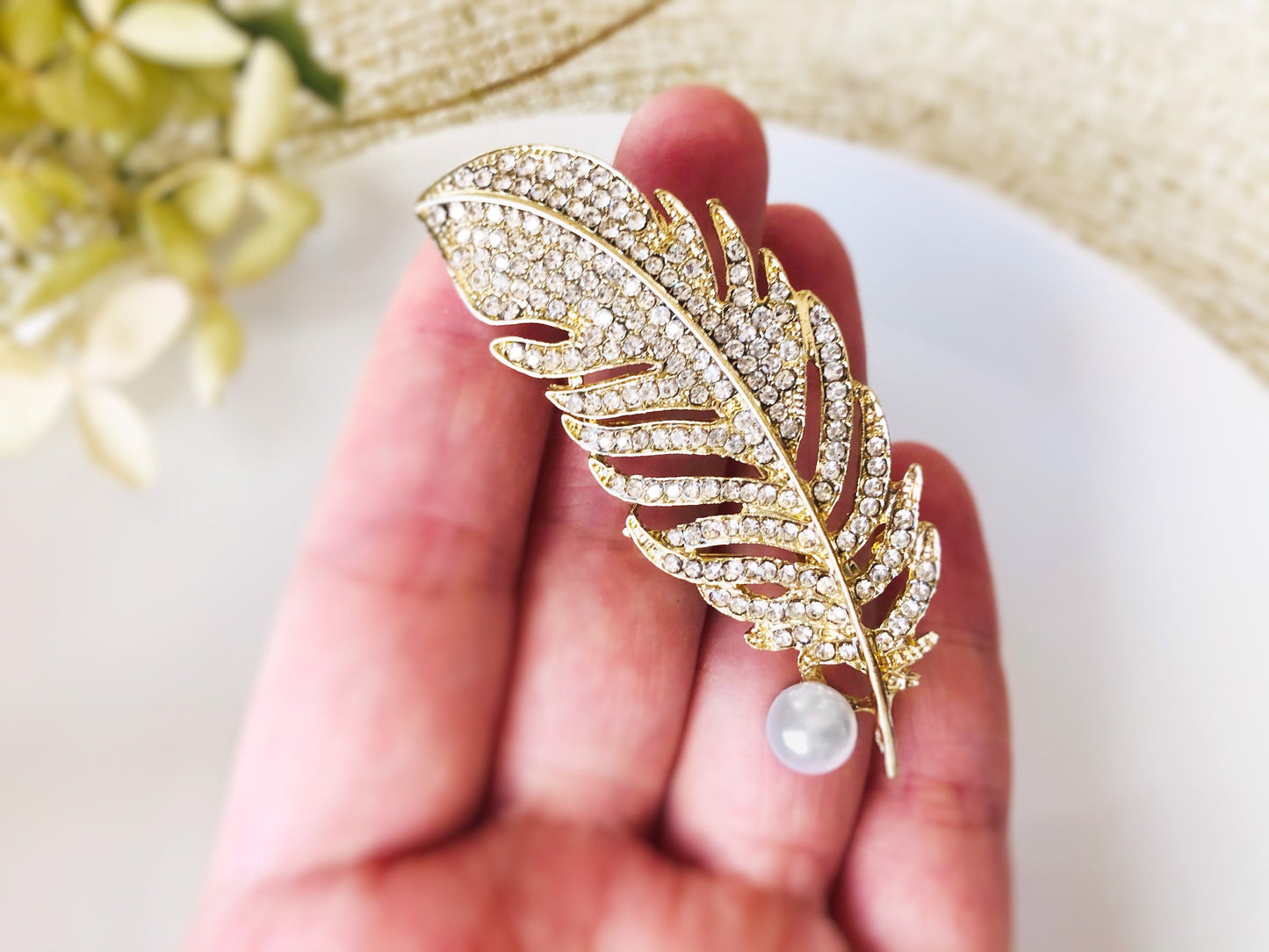 Pearl crystal pave feather brooch pin white gold plated, crystal feather silver brooch, wedding bouquet brooch, gift for her, gift for mom