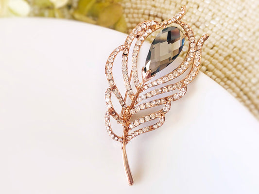 Black and white crystal feather brooch pin rose gold, dark grey feather crystal brooch, gift for her, gift for mom, crystal lapel pin