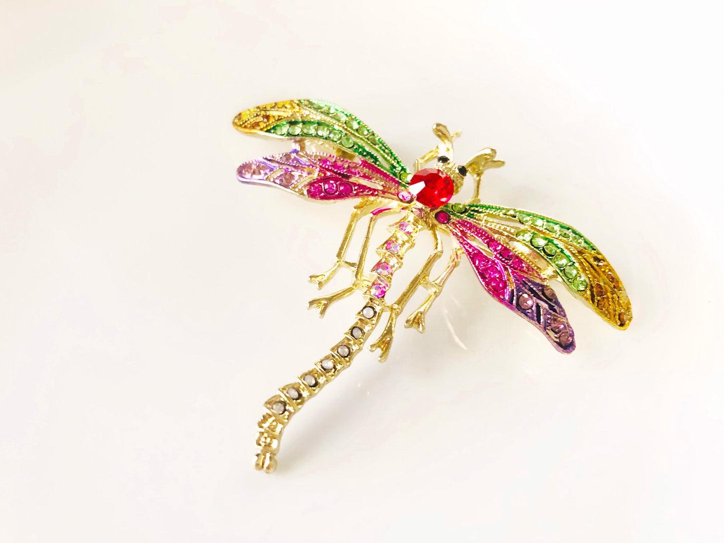 Multicolored dragonfly crystal brooch pin in 14K gold plated, gift for her, gift for mom