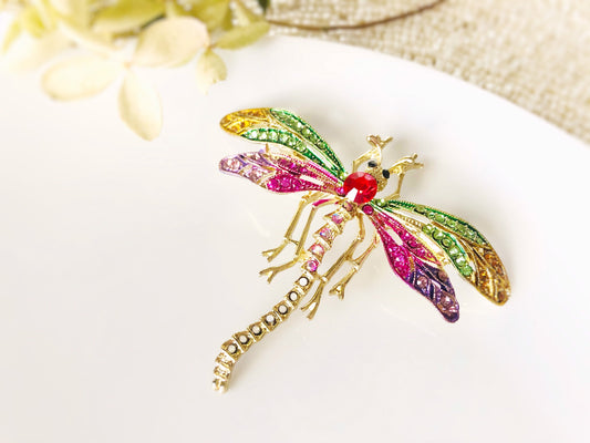 Multicolored dragonfly crystal brooch pin in 14K gold plated, gift for her, gift for mom