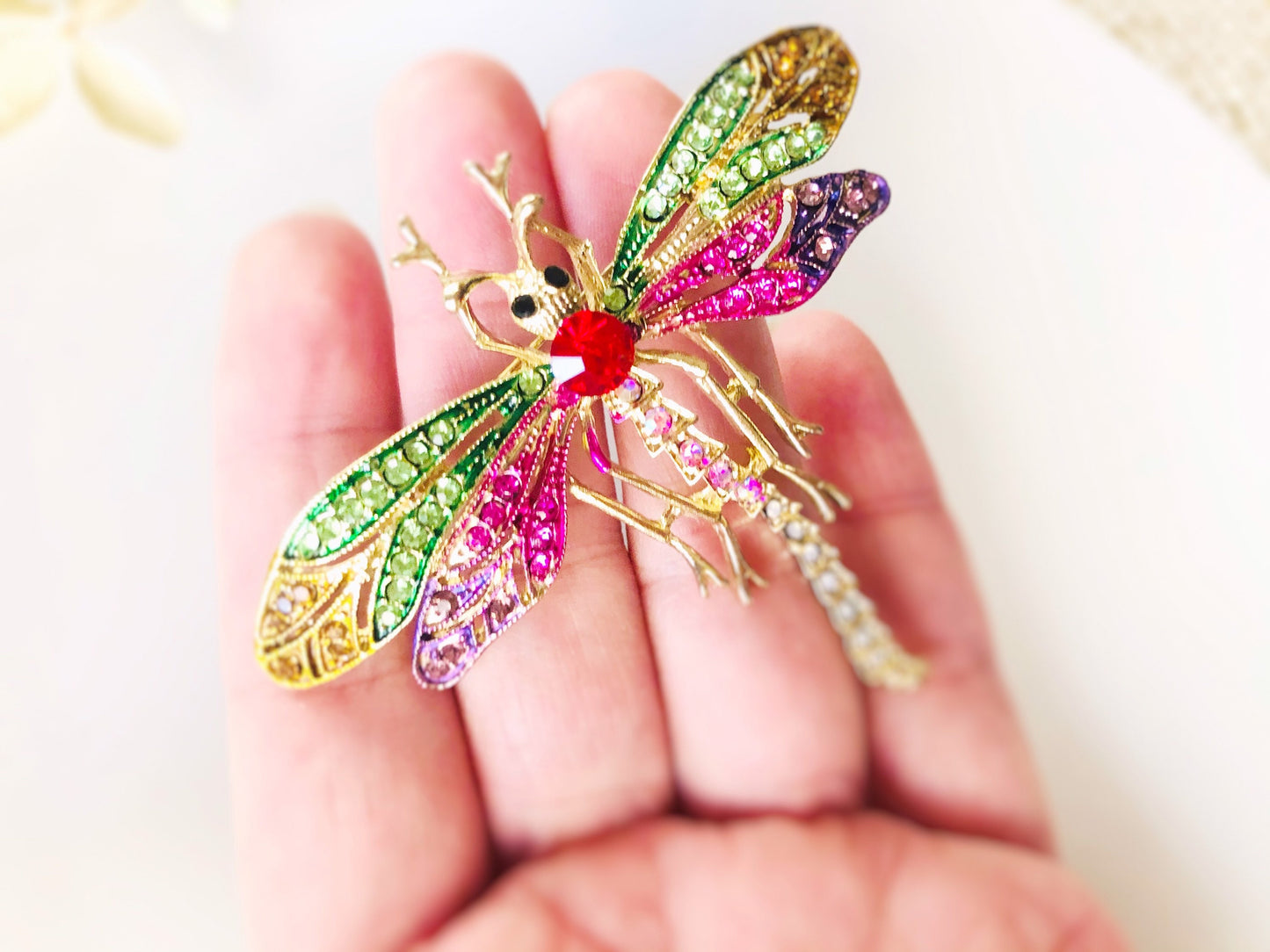 Multicolored dragonfly crystal brooch pin in 14K gold plated, gift for her, gift for mom