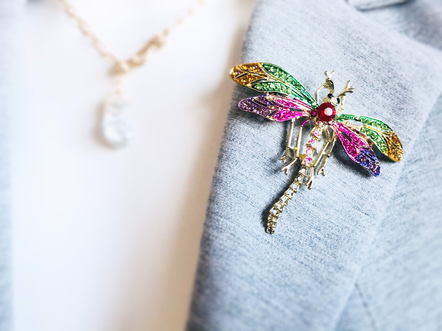 Multicolored dragonfly crystal brooch pin in 14K gold plated, gift for her, gift for mom