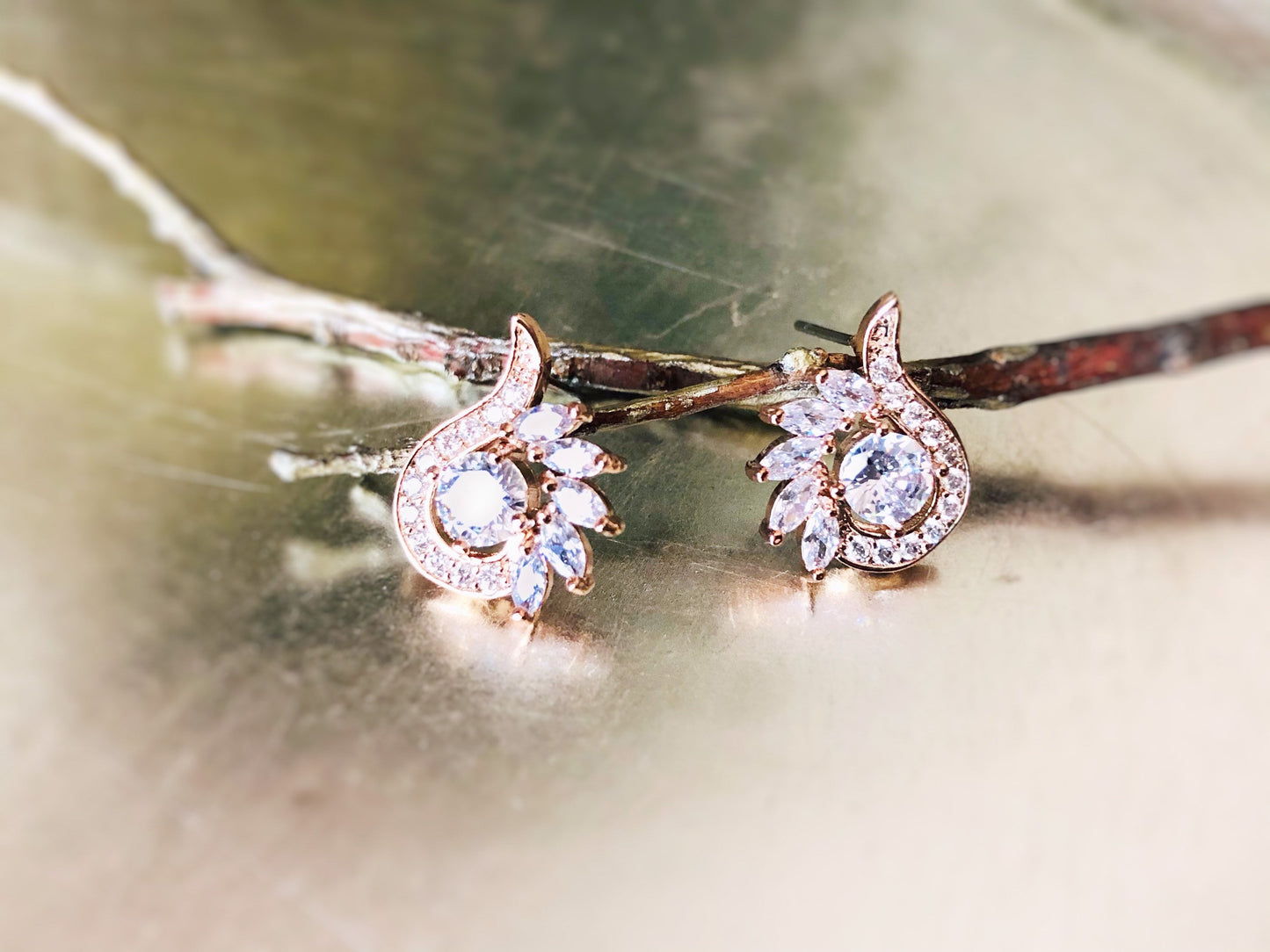 White sapphire stud earrings, white gemstone statement earring in 14K rose gold, gift for her, April birthstone