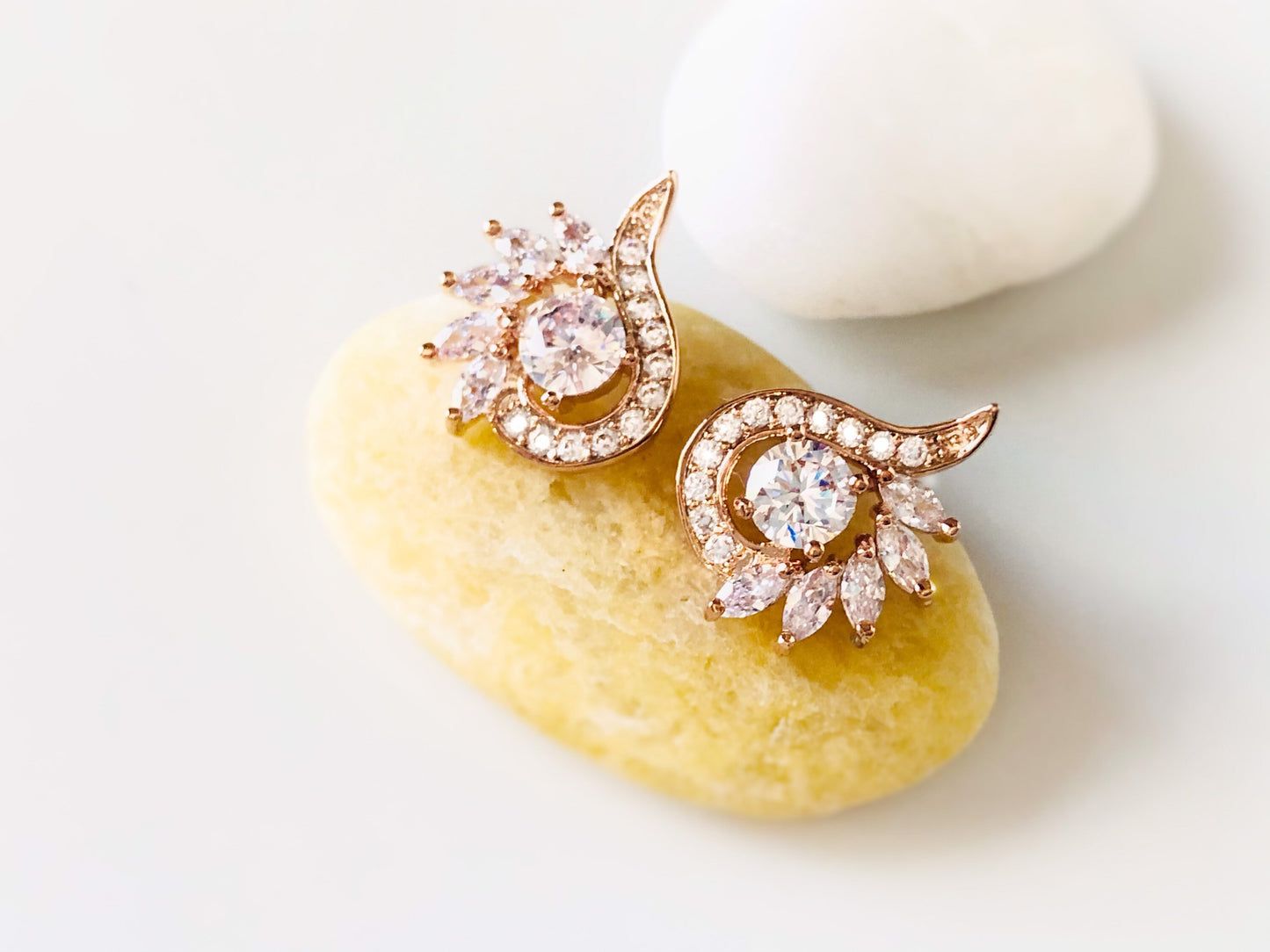 White sapphire stud earrings, white gemstone statement earring in 14K rose gold, gift for her, April birthstone