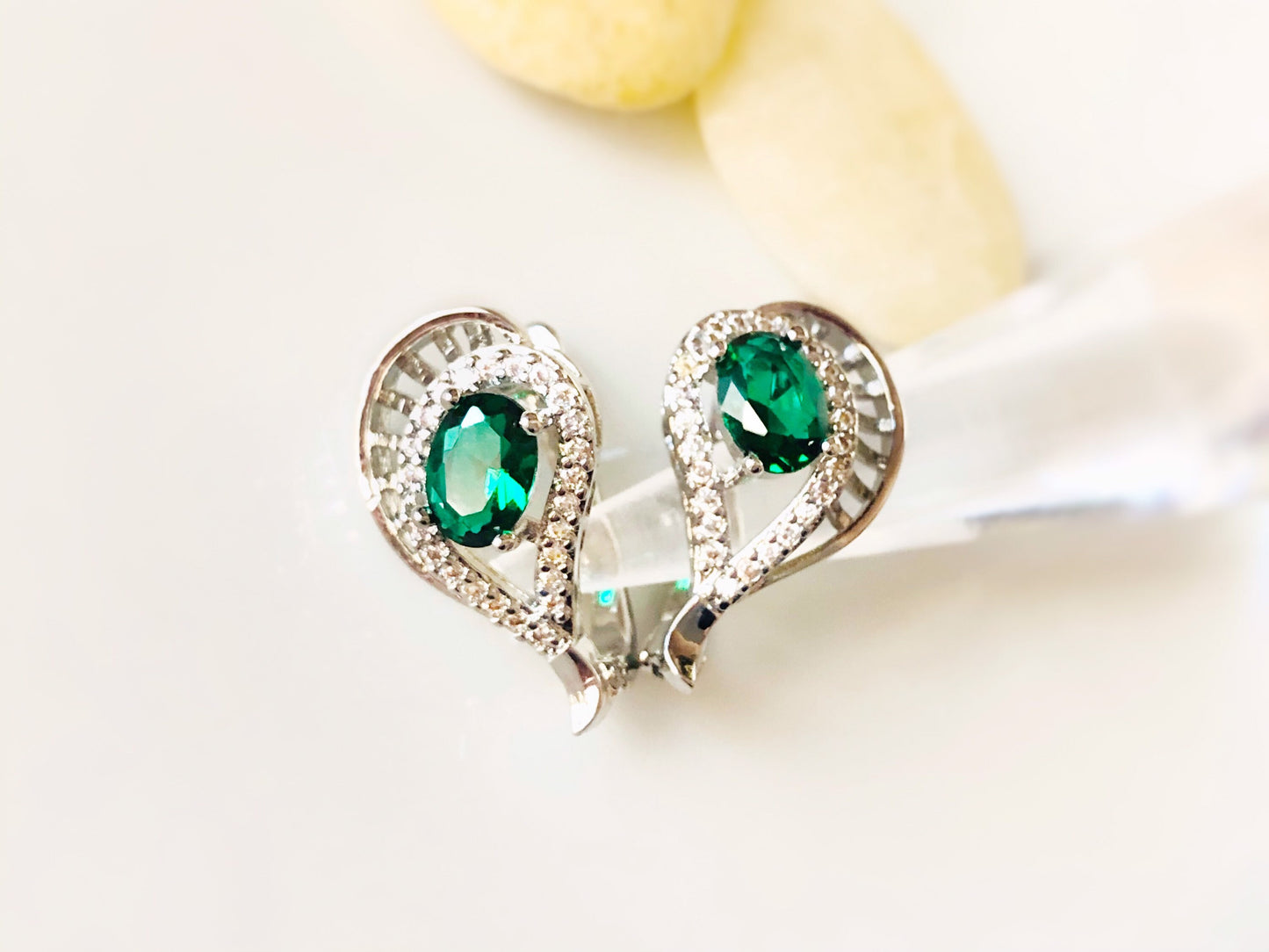 Emerald lever back stud earrings, statement green gemstone halo studs, gift for her, gift for mom, May birthstone