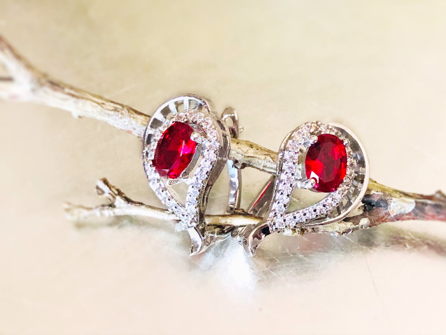 Ruby lever back stud earrings, statement red gemstone halo studs, gift for her, gift for mom, July birthstone