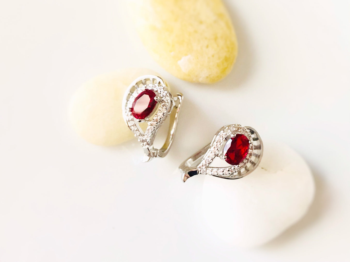 Ruby lever back stud earrings, statement red gemstone halo studs, gift for her, gift for mom, July birthstone