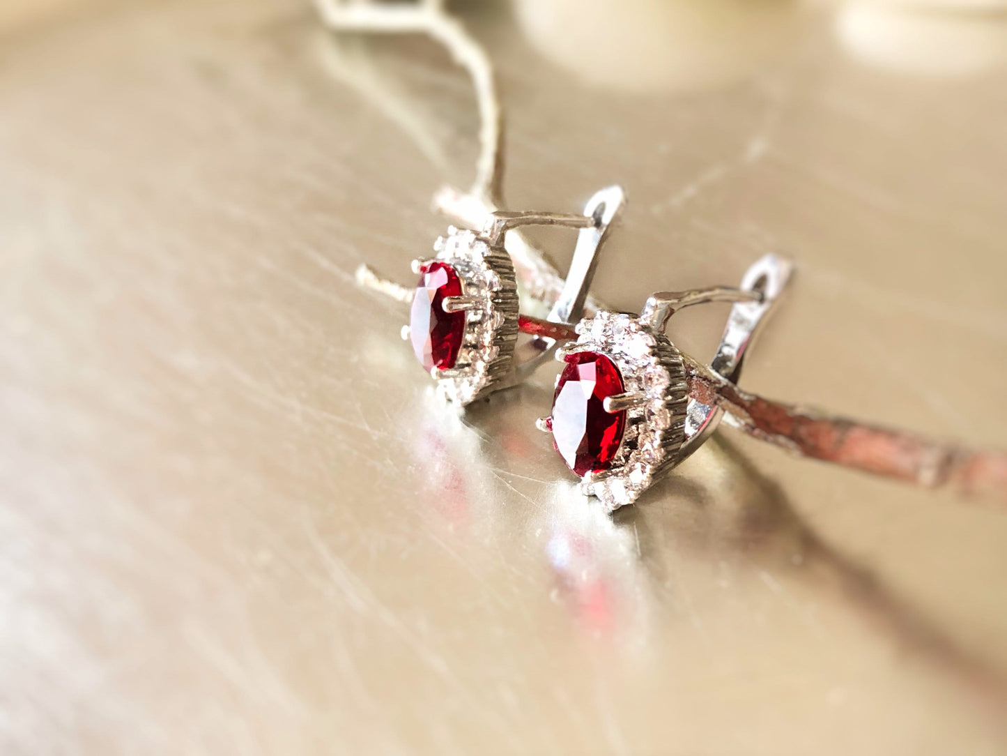 Halo ruby leverback earrings,  red gemstone earring in 18k white gold, gift for her, gift for mom, July birthstone earrings