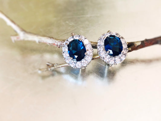 Halo sapphire leverback earrings,  blue gemstone earring in 18k white gold, gift for her, gift for mom, September birthstone earrings