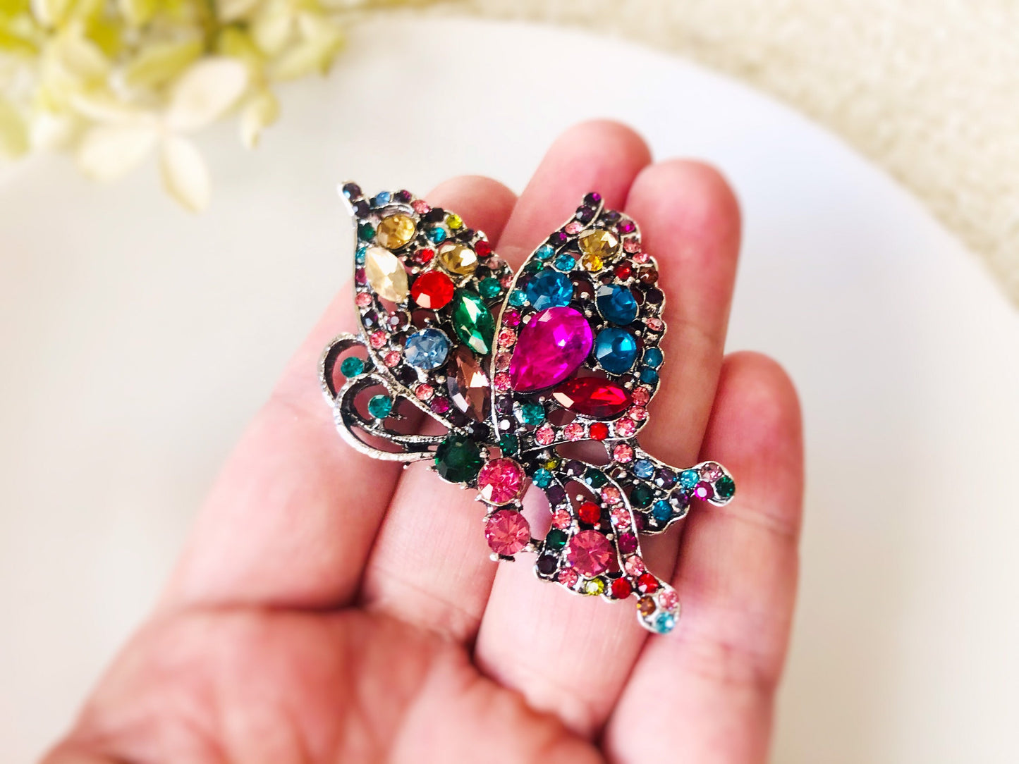 Multicolored butterfly crystal brooch pendant in antique silver, rainbow crystal brooch pendant crystal, gift for her, gift for mom