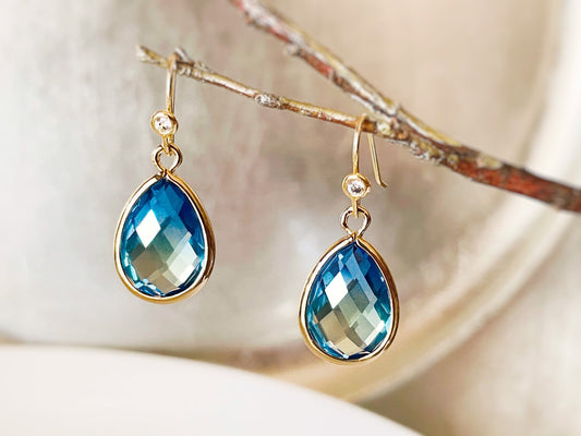 Bicolor sapphire drop earrings in 14K gold, Yellow blue sapphire teardrop crystal drop earrings, bridal jewelry, bridesmaids earrings