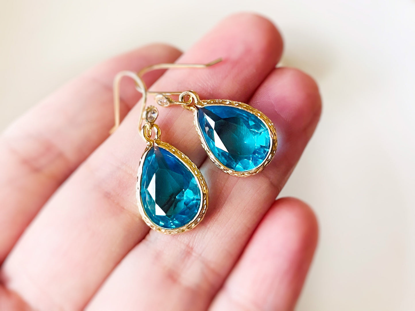 Blue topaz teardrop earrings in 14K gold, Blue teardrop crystal drop earrings, bridal earrings, bridesmaids earrings, December birthstone