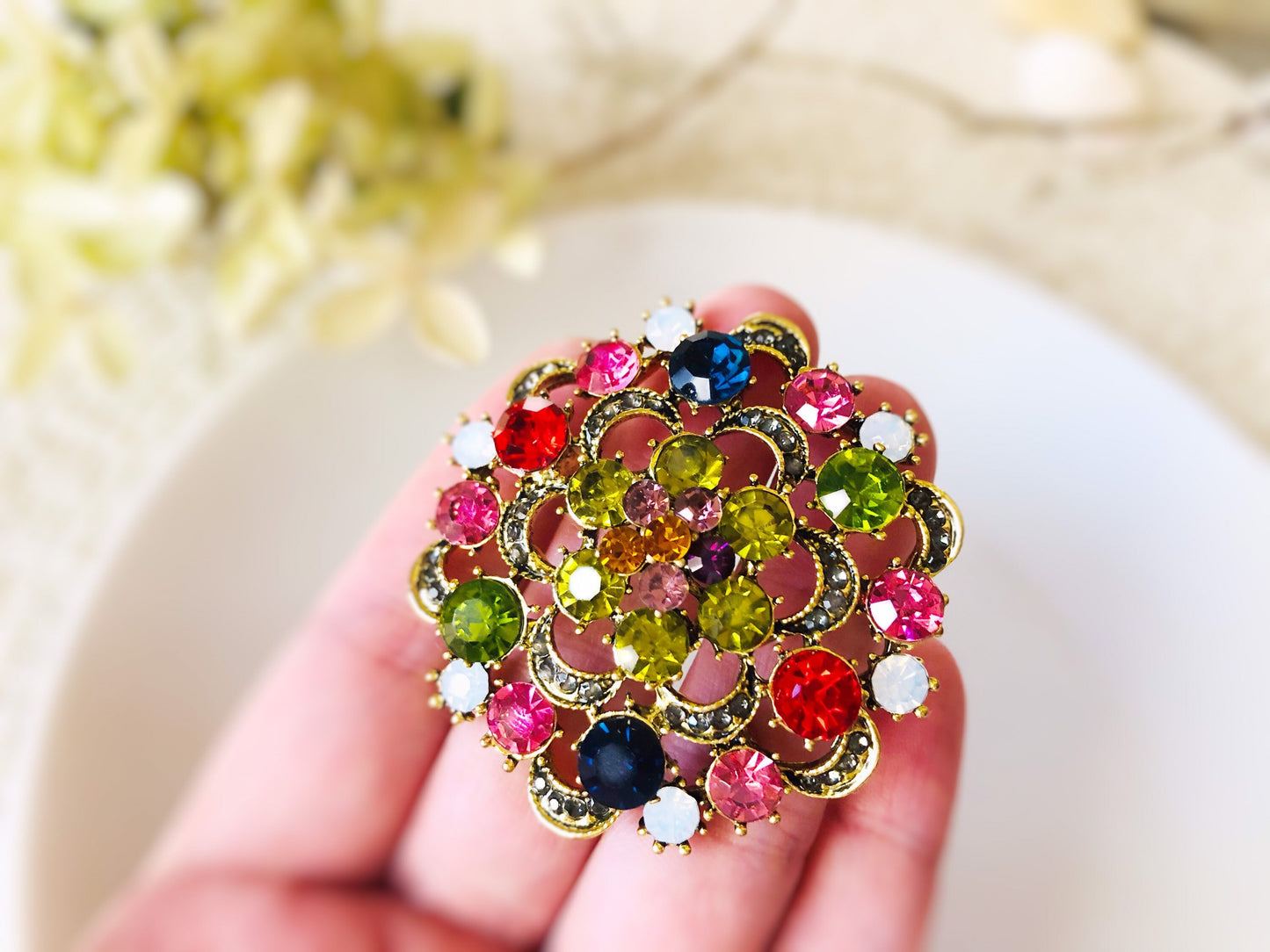 Multicolored red green crystal bouquet brooch, antique gold rainbow crystal bouquet brooch, gift for her, gift for mom