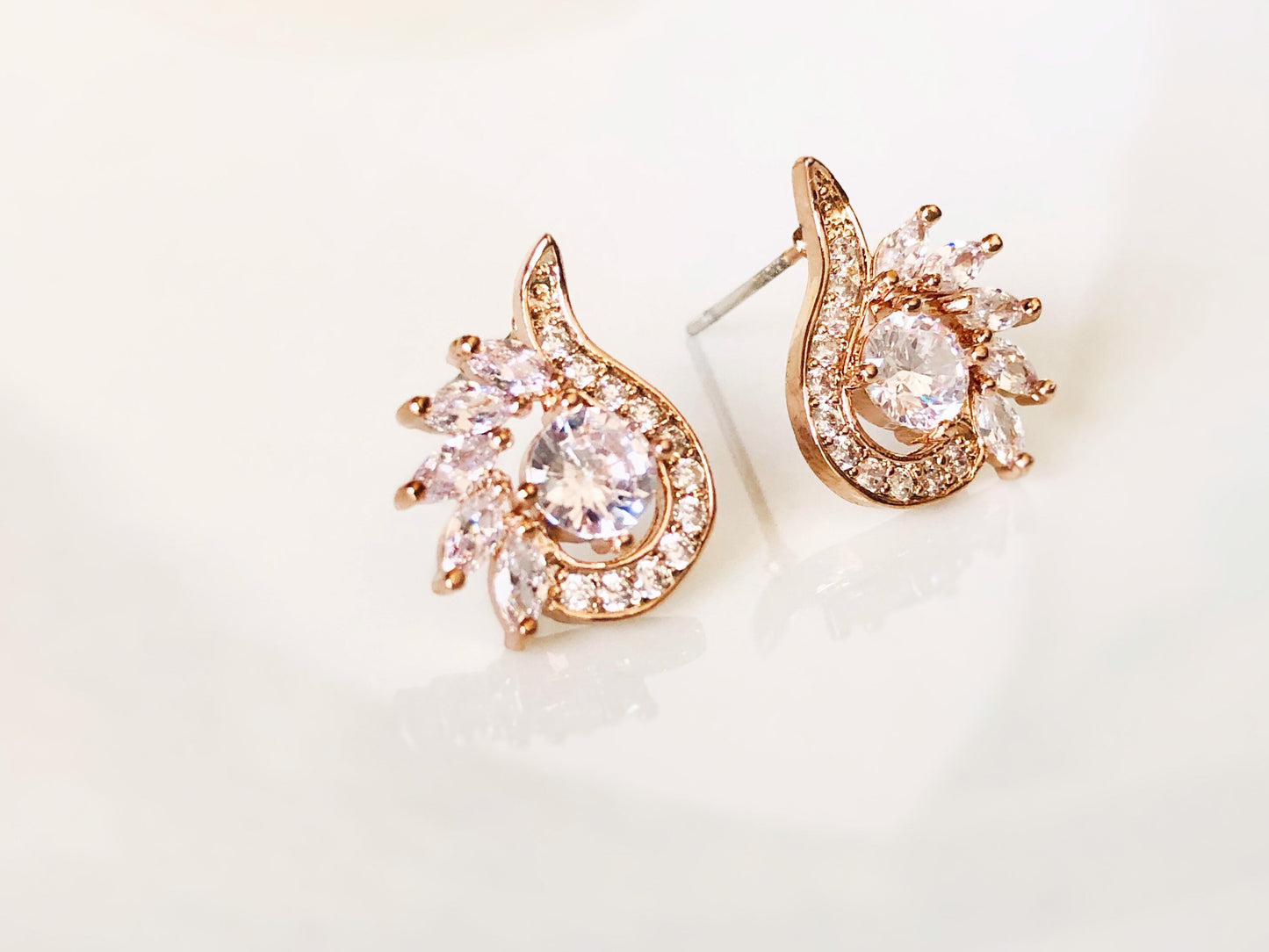 White sapphire stud earrings, white gemstone statement earring in 14K rose gold, gift for her, April birthstone