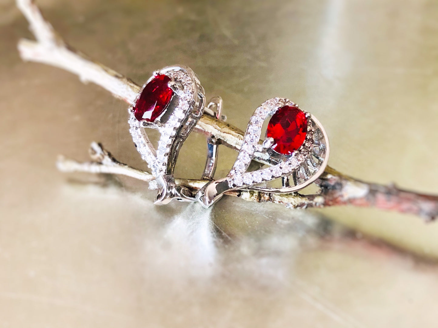 Ruby lever back stud earrings, statement red gemstone halo studs, gift for her, gift for mom, July birthstone