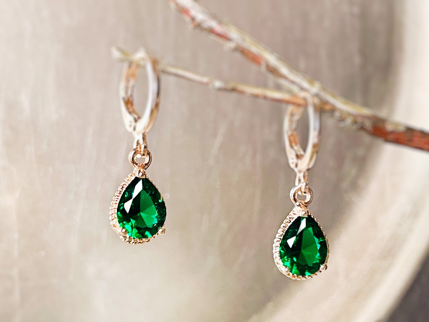 Small emerald bezel earrings, green teardrop gemstone dangle earrings, gift for her, gift for girls, May birthstone