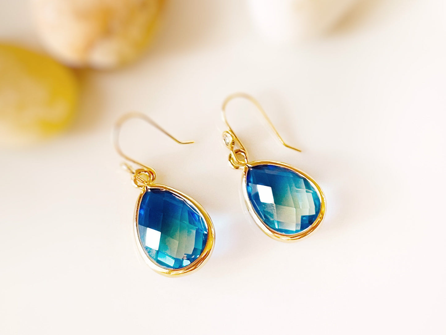 Bicolor sapphire drop earrings in 14K gold, Yellow blue sapphire teardrop crystal drop earrings, bridal jewelry, bridesmaids earrings