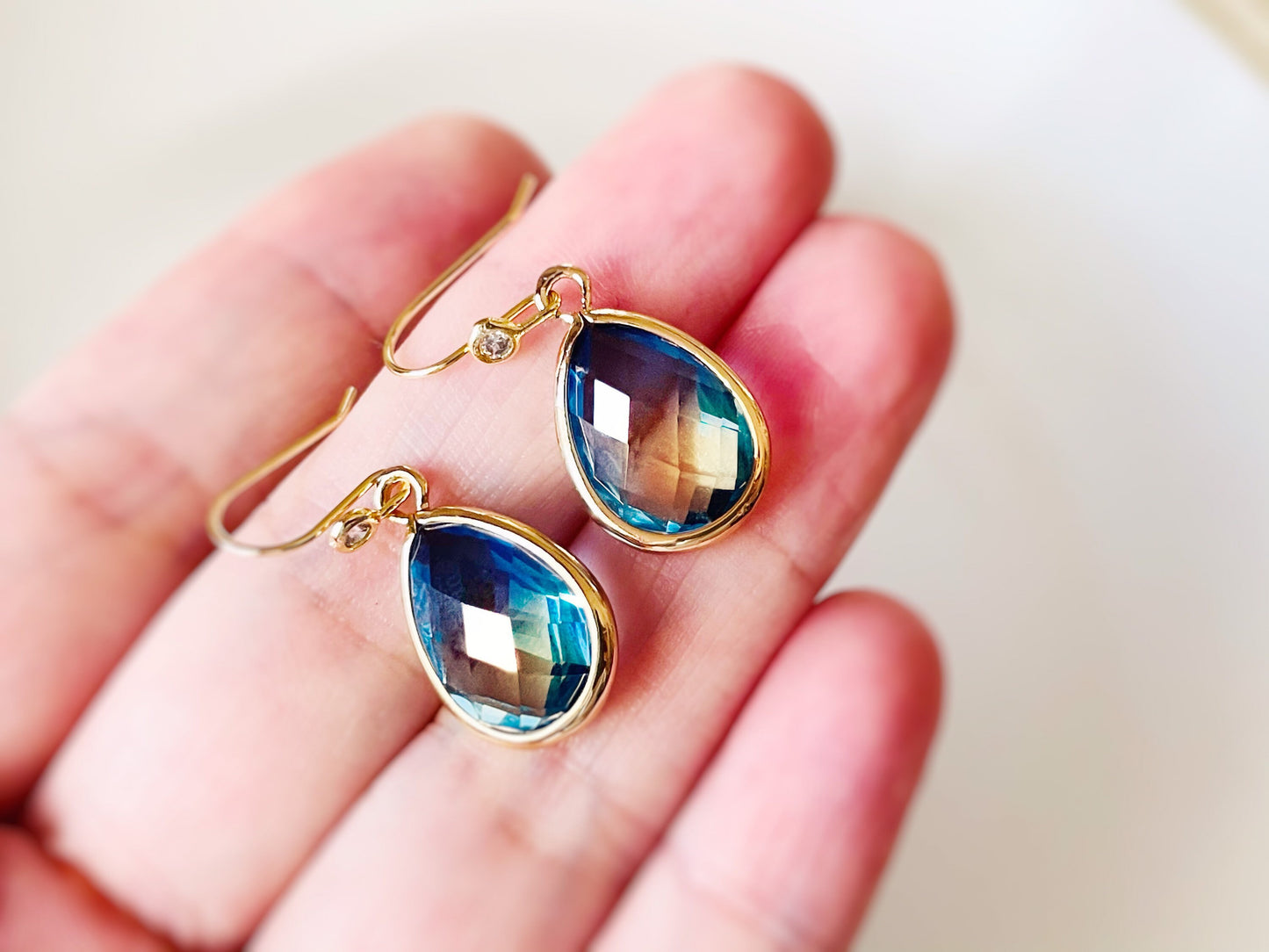 Bicolor sapphire drop earrings in 14K gold, Yellow blue sapphire teardrop crystal drop earrings, bridal jewelry, bridesmaids earrings