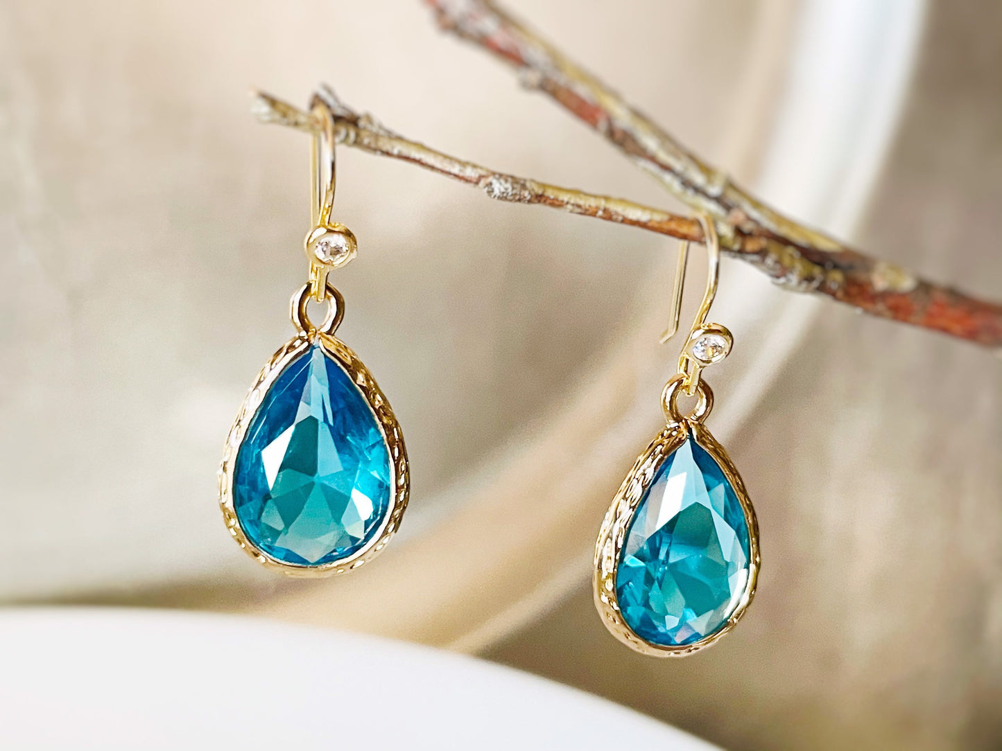 Blue topaz teardrop earrings in 14K gold, Blue teardrop crystal drop earrings, bridal earrings, bridesmaids earrings, December birthstone