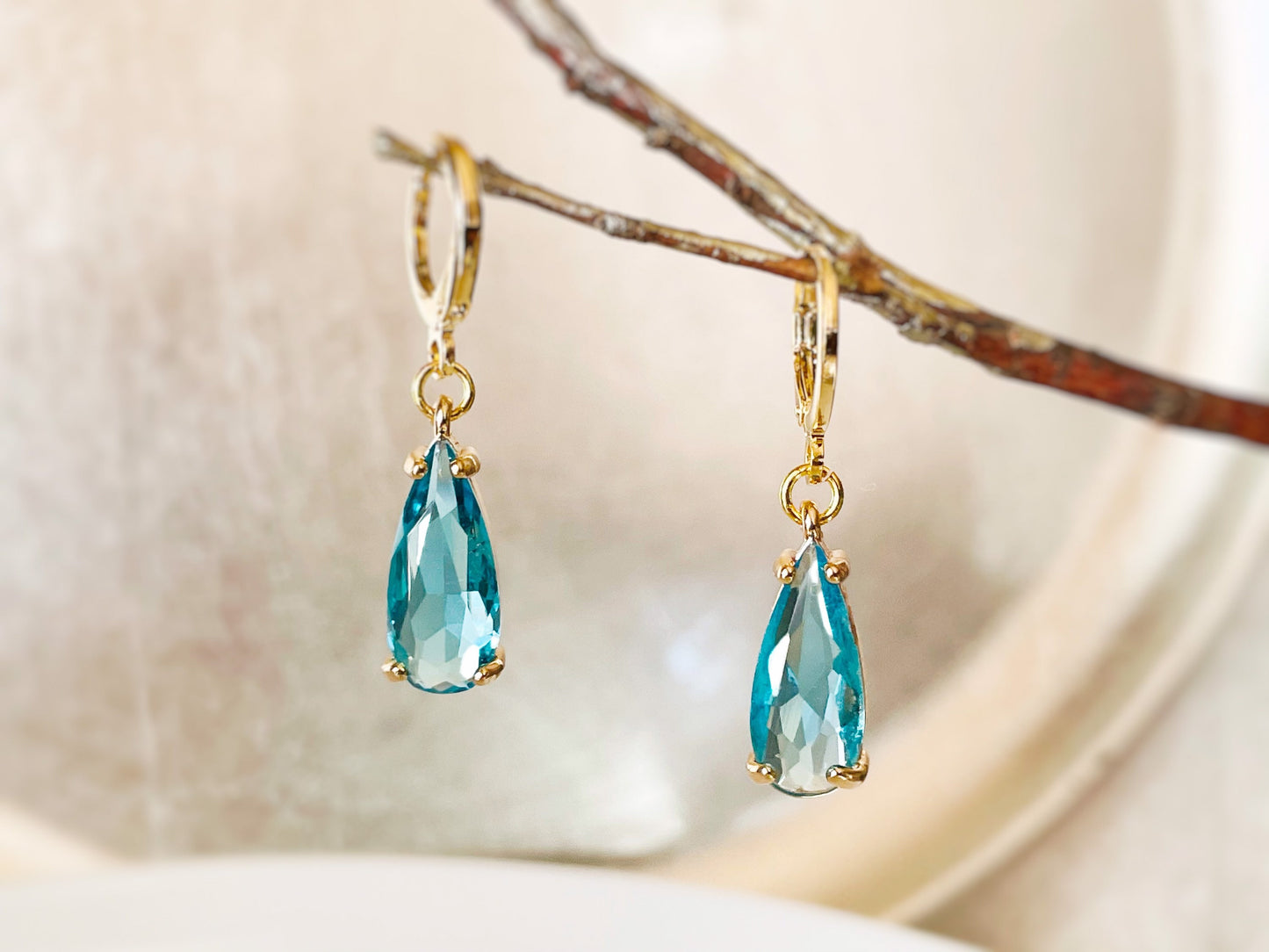 Blue topaz teardrop dangling earrings gold, December birthstones, elongated blue gemstone earrings, gift for her, gift for mom