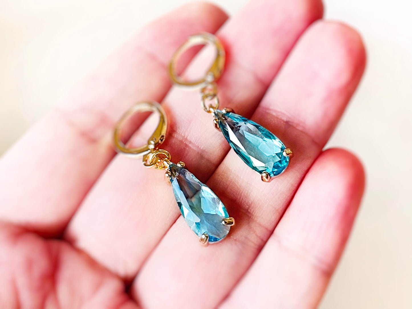 Blue topaz teardrop dangling earrings gold, December birthstones, elongated blue gemstone earrings, gift for her, gift for mom