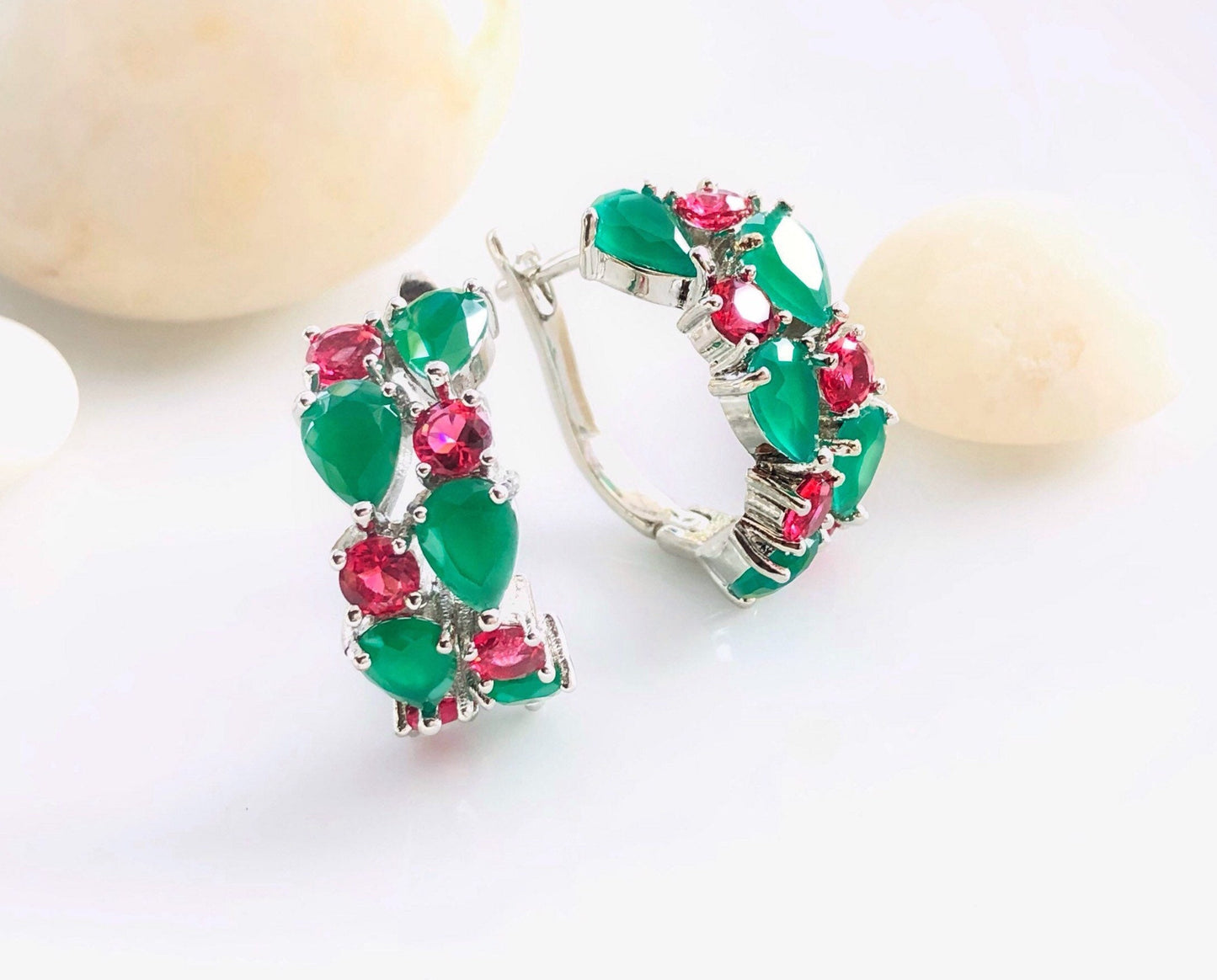 Emerald green and pink tourmaline hoop earrings,  green pink gem hoop earrings, large statement earrings, gift for mom, gift for her