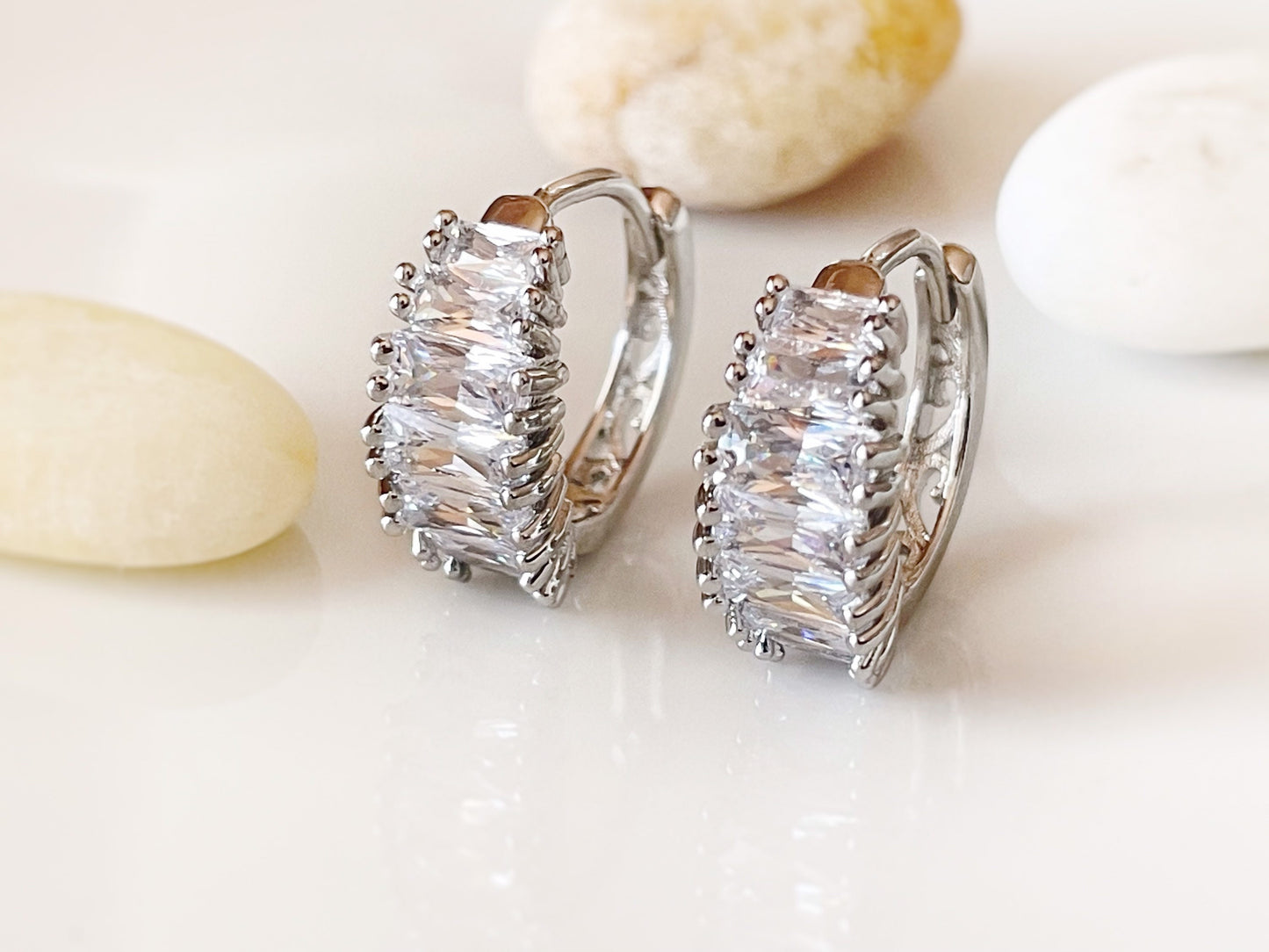 White sapphire hoop earrings, white baguette gemstone hoop, April birthstone, gift for her, gift for mom